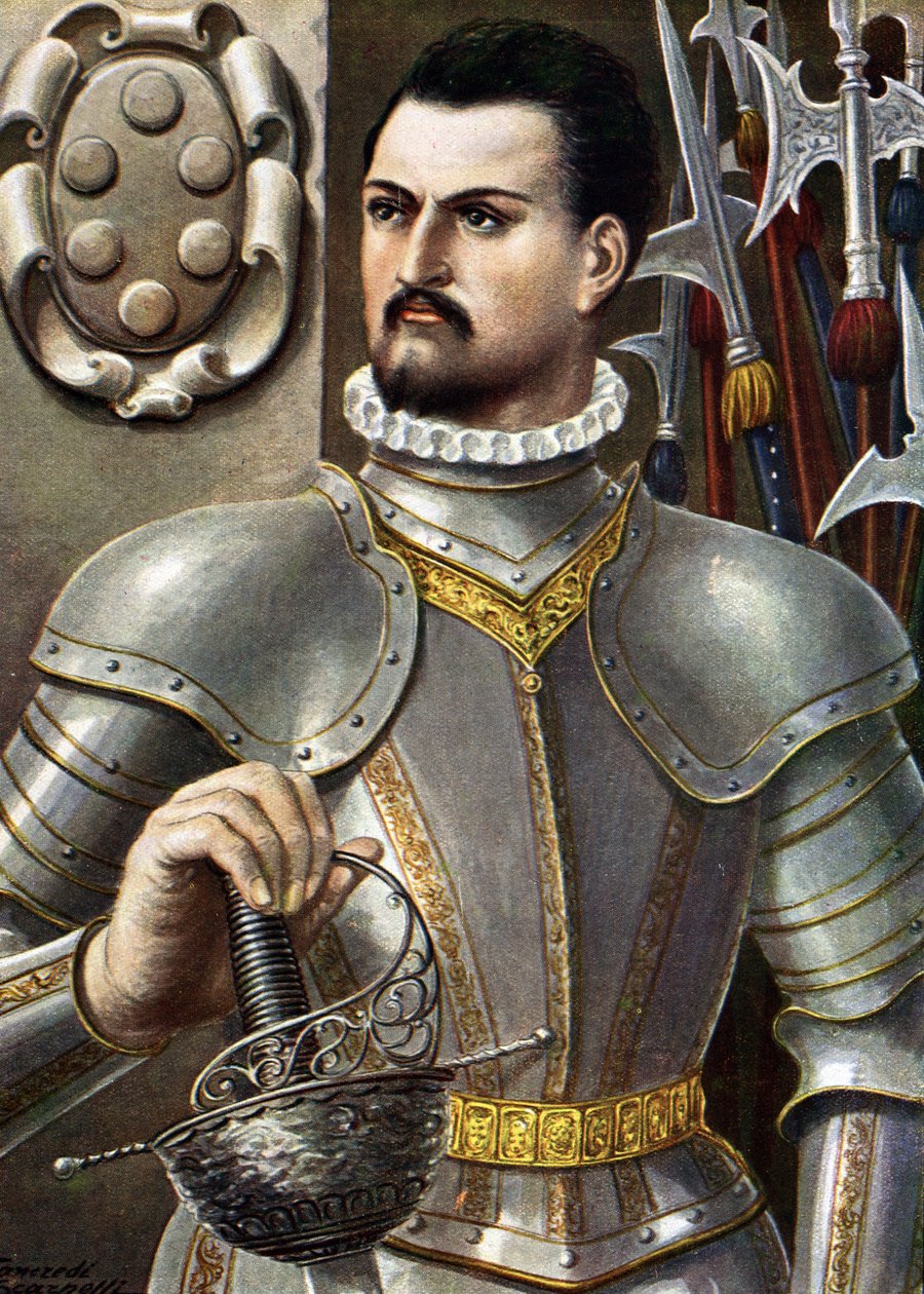 Muotokuva Jean de Medicisistä, joka tunnetaan nimellä Jean des Bands Noires (Giovanni dalle Bande Nere) (1498-1526) Italialainen condottiere Kuvitus Tancredi Scarpelli (1866-1937) Paolo Giudicin "" Storia d