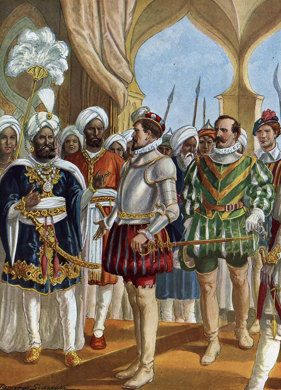 Portugalilainen merenkulkija Pedro Alvares Cabral (1460-1526) Calicutin (Kozhikode) kuninkaan (Zamorin) hovissa 13.9.1500 neuvottelemaan tiskin perustamisesta Intiaan (portugalilainen navigaattori Pedro Alvares Cabral neuvottelemassa Zamorinien kanssa Cali tekijältä Tancredi Scarpelli