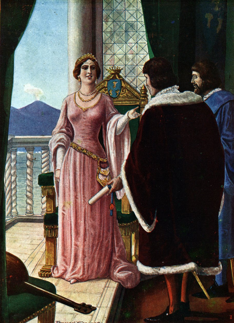 Napolin kuningatar Joanna II (Giovanna di Napoli tai Anjou Durazzo) (1373-1435) on nimennyt adoptiopoikansa Ludvig III Anjoulaisen (1403-1434) Tancredi Scarpellin (1866-1937) kuvitus "" Stosta tekijältä Tancredi Scarpelli