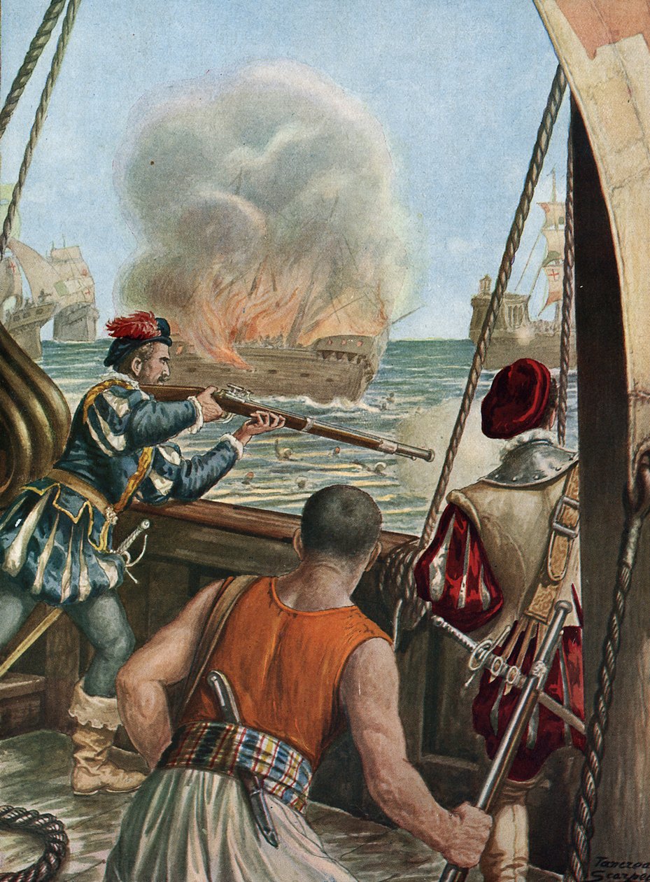 Toinen retkikunta Intiaan (1502-1503) "" Meritaistelu portugalilaisen Vasco de Gaman ja Calicutin laivaston välillä, portugalilaiset ampuvat muslimialuksen Miri-iskun pelerinit palaamassa Mekasta, 10.3.1502" (toinen matka Vasco de Gama (1502-1503) tekijältä Tancredi Scarpelli