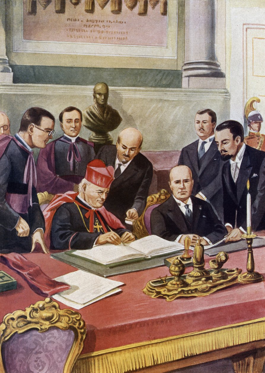 Lateraanisopimusten (Patti lateranensi) allekirjoittaminen Italian hallituksen (fasistinen) ja Pyhän Vatikaanin piirityksen (St. Siege) välillä, jotka takaavat paavin suvereniteetin Vatikaanissa ja virallistavat katolisen uskonnon Italiassa: kardinaali Pie tekijältä Tancredi Scarpelli