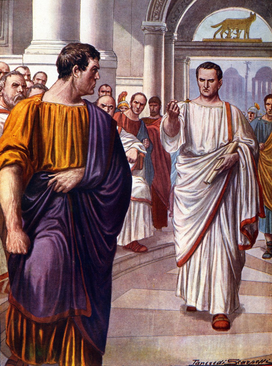 Rooman valtiomies Ciceron (Marcus Tullius Cicero) (106-43 eKr.) risteää salaliittolaisen Catilinan (Lucius Sergius Catilina) (108-62 eKr.) kanssa, jonka hän tuomitsi vuonna 63 eKr. catilinaarien puheiden aikana. Kuvitus: Tancredi Scarpelli (1866-1937) tekijältä Tancredi Scarpelli