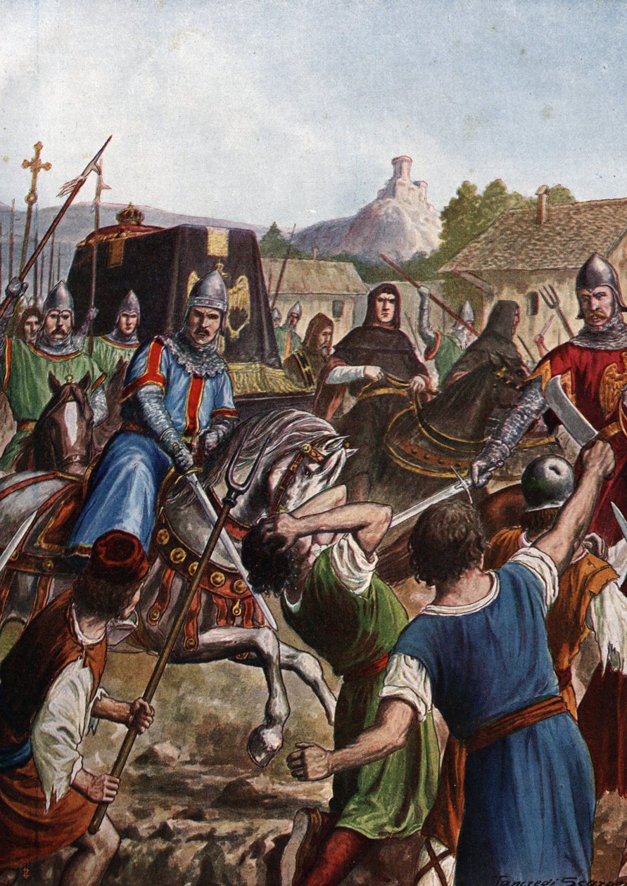 Pyhän Imperiumin keisari Otton (Othon) III:n (980-1002) hautauskorteesi kuljettaa jäännökset Italian läpi Aacheniin taistelemaan matkallaan kapinallisia väestöryhmiä vastaan (Pyhän Rooman keisarin Otto III:n arkku, kulkee italialaisten väkijoukkojen läpi tekijältä Tancredi Scarpelli