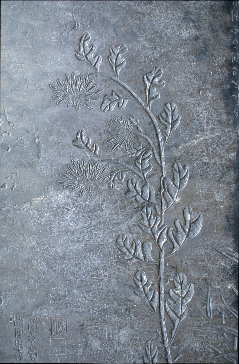 Stele kaiverrettu chrisanteema, kukkia ja lehtiä, 618-907 (kivi) tekijältä Tang Dynasty Chinese School