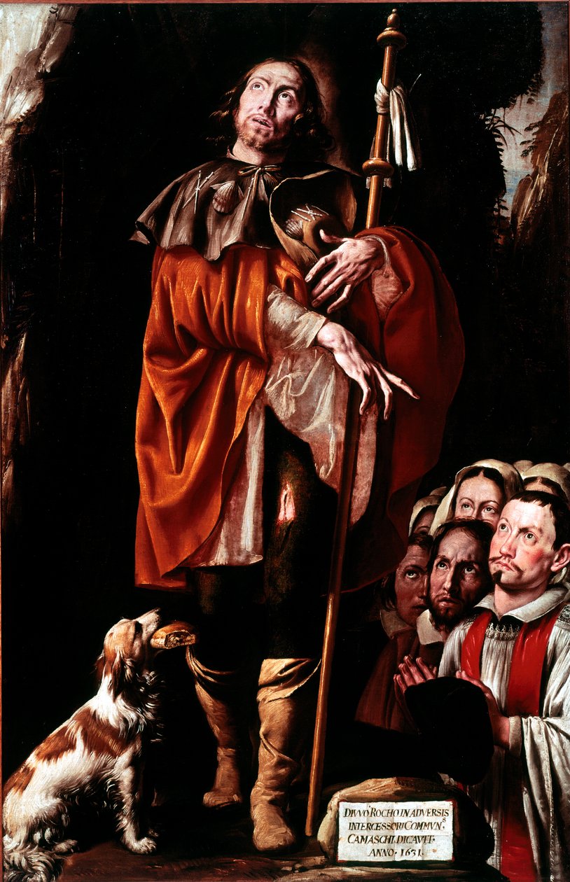 Saint Roch Pyhimys kantaa jalassaan ruttokuumetta. Tanzio da Varallon maalaus tekijältä Tanzio da Varallo