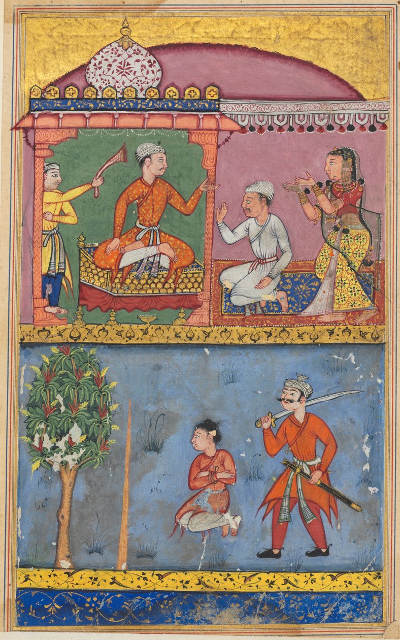 Sivu julkaisusta Tales of a Parrot Tuti-nama: Kahdeksas yö: Neito vetoaa..., c. 1560. tekijältä Tara Chand