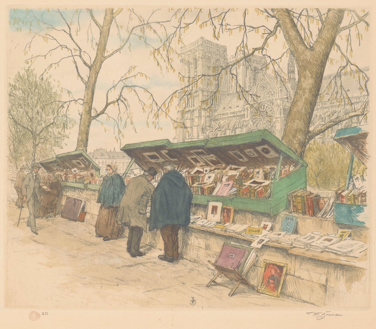 Kirjakojut Quai de Montebellolla, taustalla Notre-Dame tekijältä Tavík František Šimon (signed by artist)