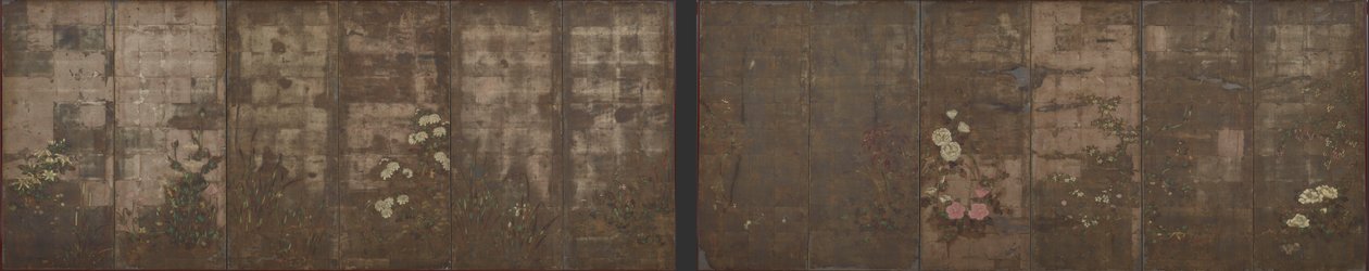 Vuodenaikojen kukat, Seinäkkeet (kuusi paneeli), 1600-1630 (väri hopean yli paperilla) tekijältä Tawaraya Sotatsu