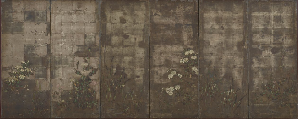 Vuodenaikojen kukat, Seinäkkeet (kuusi paneeli), 1600-30 (väri hopean päälle paperilla) tekijältä Tawaraya Sotatsu