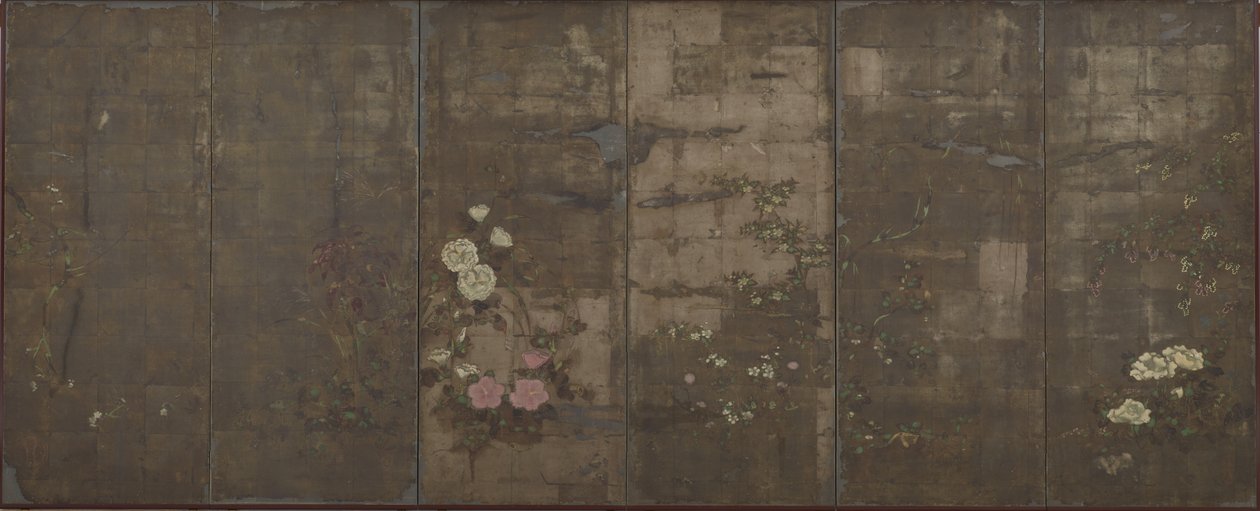 Vuodenaikojen kukat, Seinäkkeet (kuusi paneeli), 1600-30 (väri hopean päälle paperilla) tekijältä Tawaraya Sotatsu