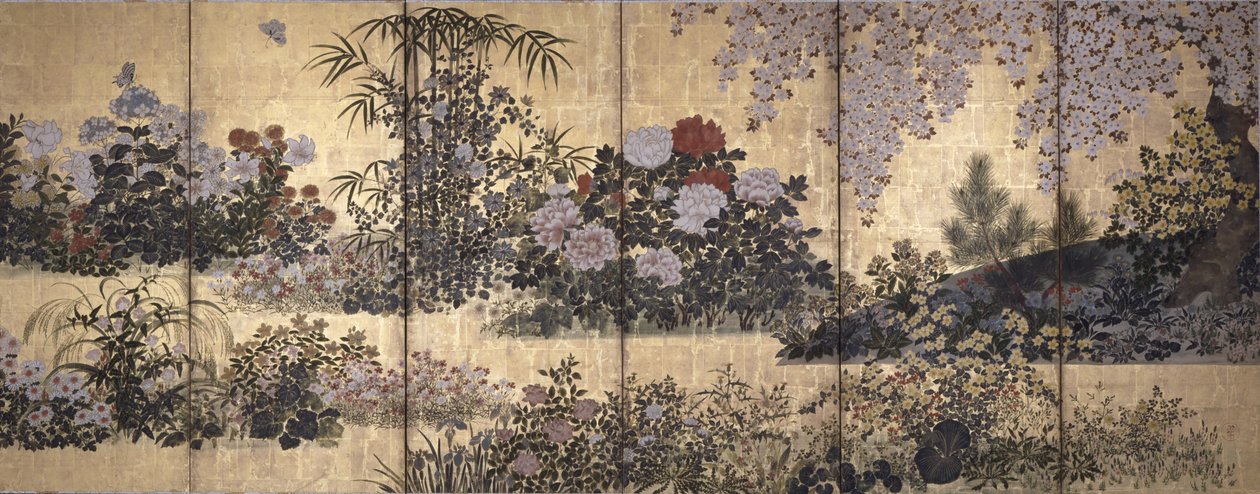 Flores e Borboletas (tinta, cor e folha de ouro sobre papel)finlandês tekijältä Tawaraya Sotatsu