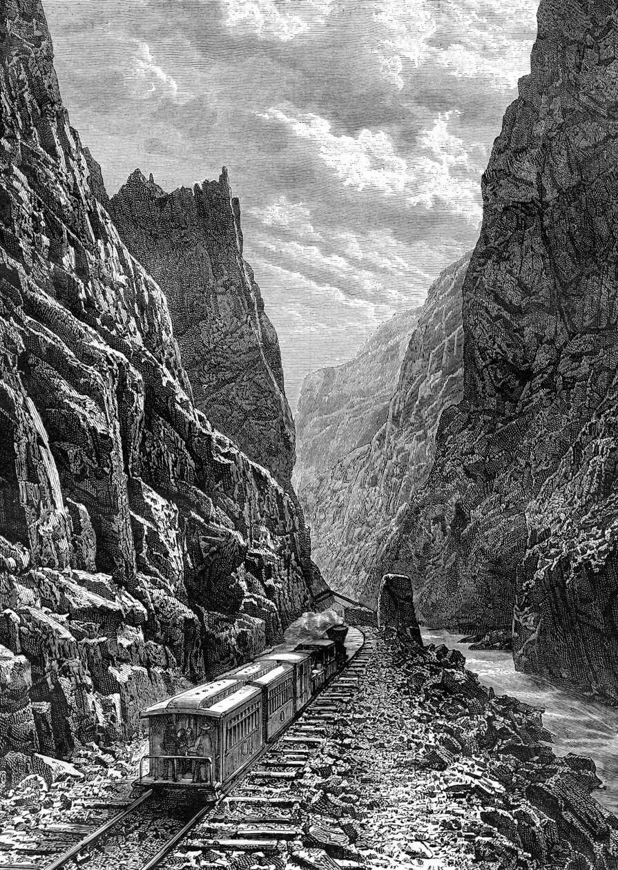 Juna kulkee Rocky Mountainsin halki, USA, 1800-luku. tekijältä Taylor