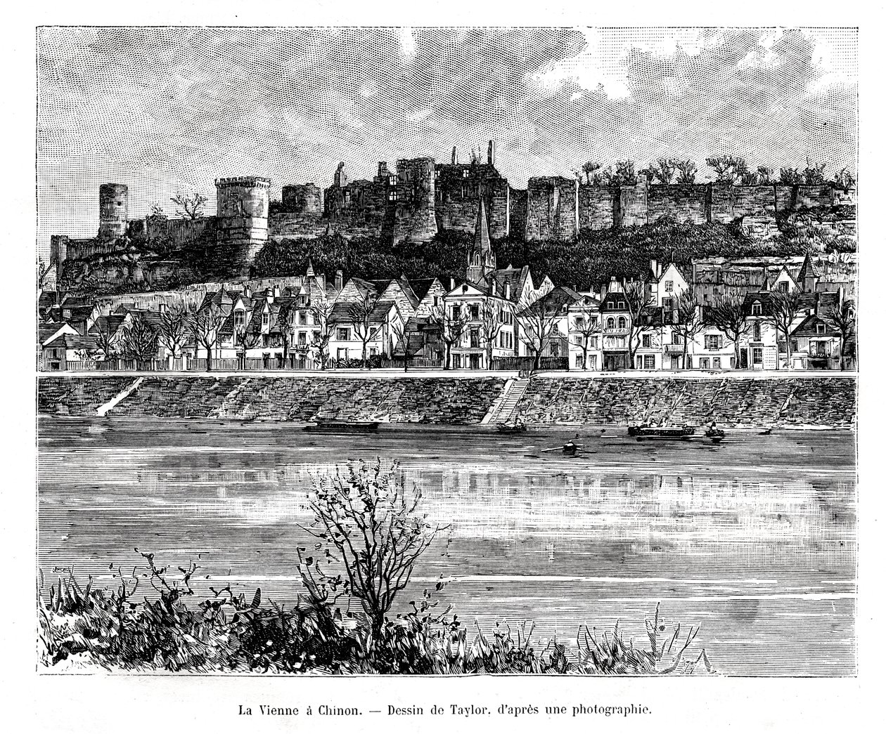 Chinon ja Vienne-joki, Ranska, 1800-luku tekijältä Taylor