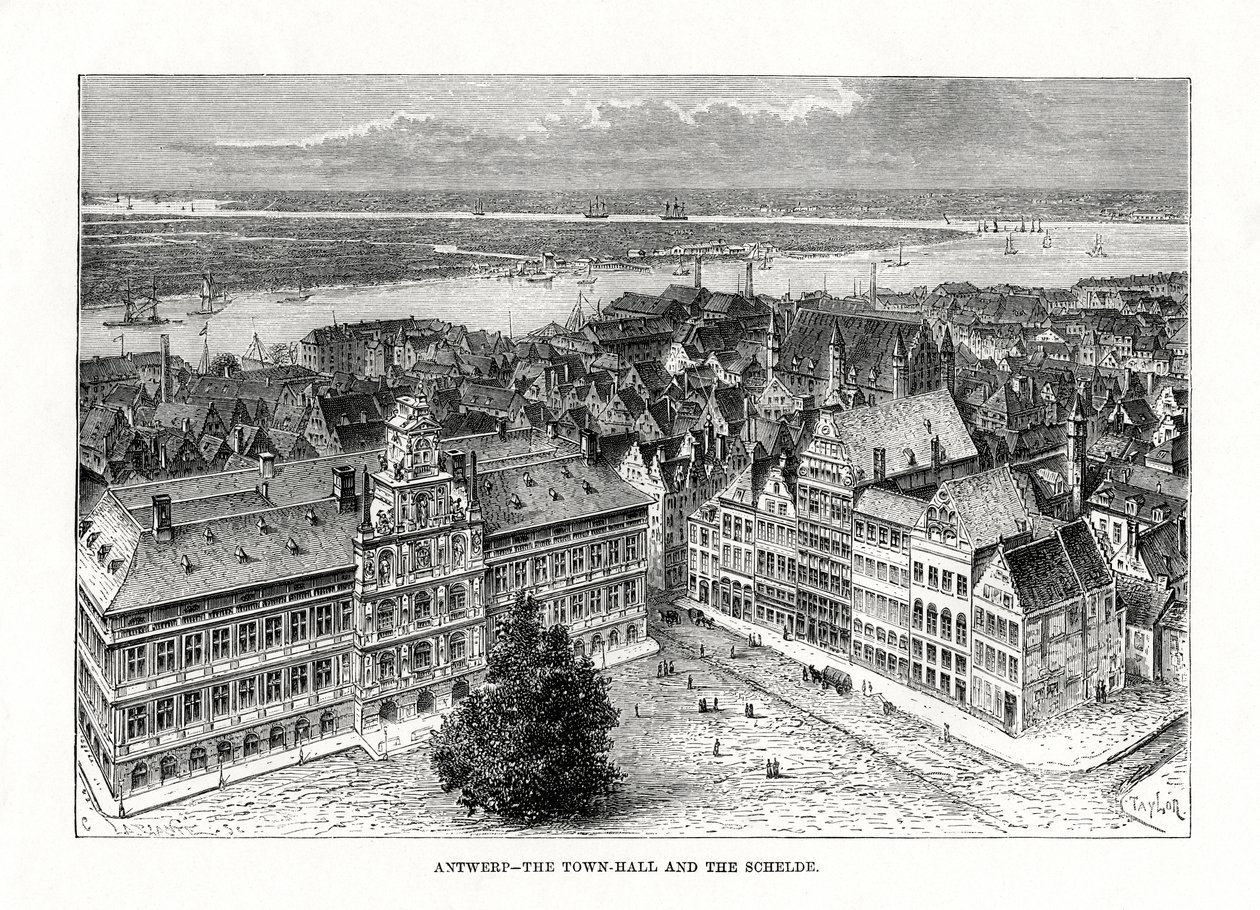 Kaupungintalo ja Schelde-joki, Antwerpen, Belgia, 1879 tekijältä Taylor