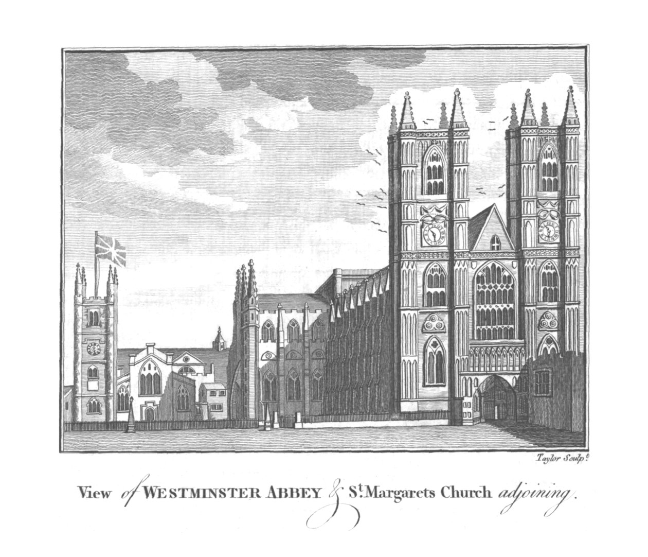 Näkymä Westminster Abbeylle ja viereiselle St. Margarets Churchille, 1700-luvun loppu - 1800-luvun alku tekijältä Taylor