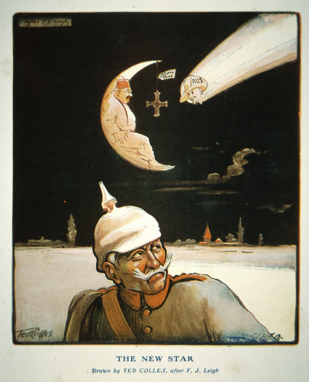 Ensimmäisen maailmansodan sarjakuva "The New Star", julkaistu "The Anzac Book" -lehdessä tekijältä Ted Colles