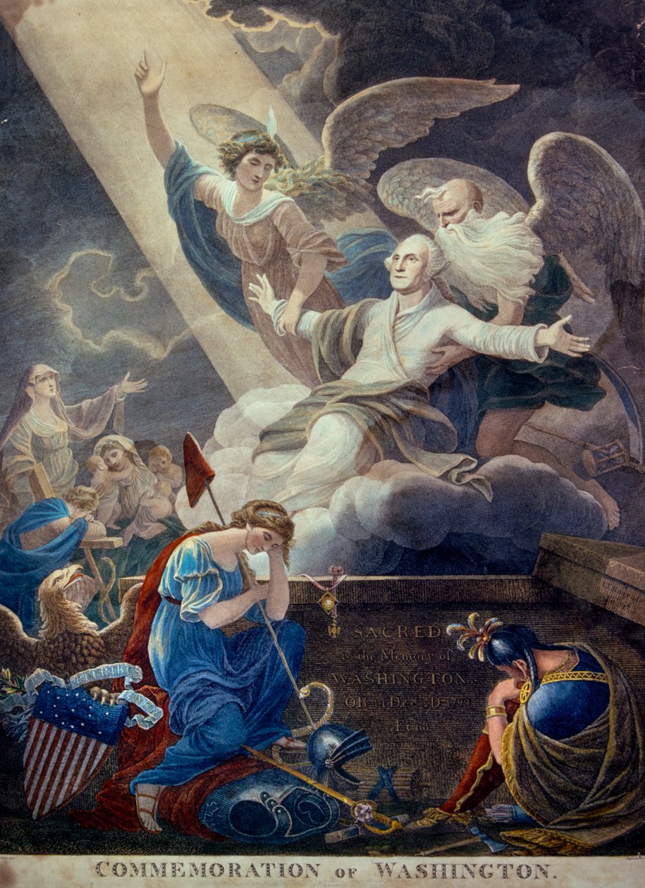 Värillinen kaiverrus George Washingtonin kunniasta, jonka aika ja kuolemattomuus nostavat taivaaseen, kaiverrettu Philadelphiassa, noin 1799 (kaiverrus) (kuva) (kuva) tekijältä Ted Spiegel