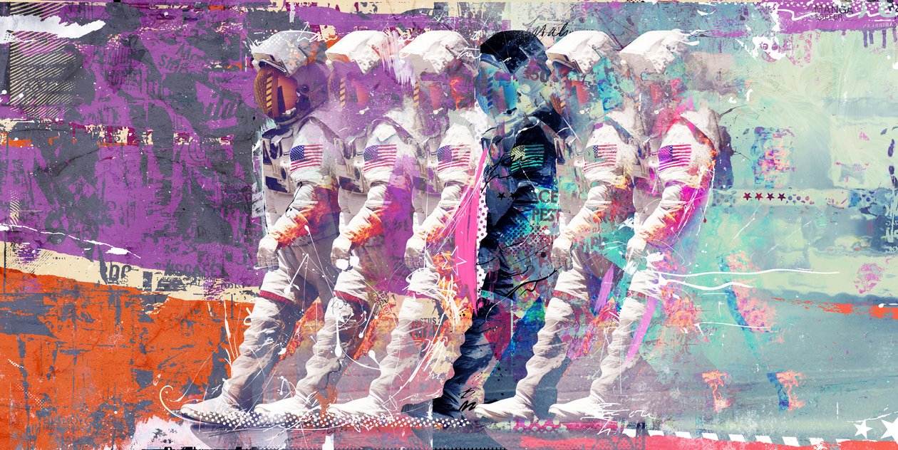 Astronaut Moonwalk, 2014 (sekoitettu media kankaalle) tekijältä Teis Albers