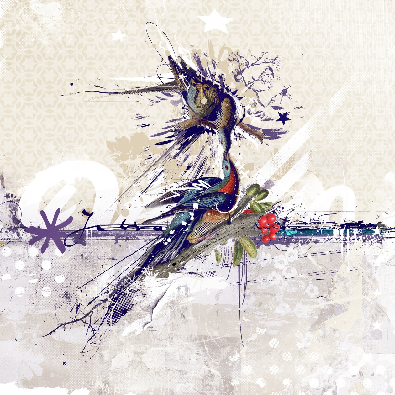 Cherry Blossom Birds, 2018 (kollaasi kankaalle) tekijältä Teis Albers