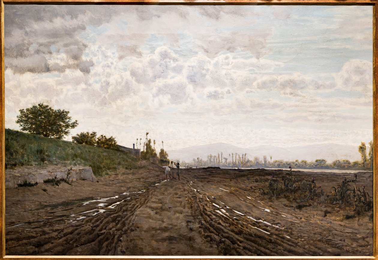 A Morning along the River Arno. Sand diggers along the Arno, c.1868 (oil on canvas) tekijältä Telemaco Signorini