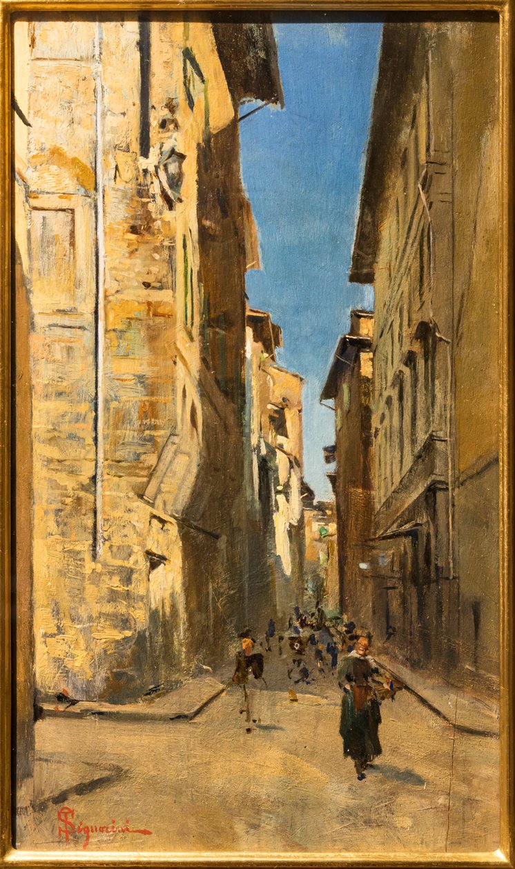 Osittainen näkymä kadulle Firenzen historiallisessa keskustassa, n. 1880 (öljy paneelille) tekijältä Telemaco Signorini