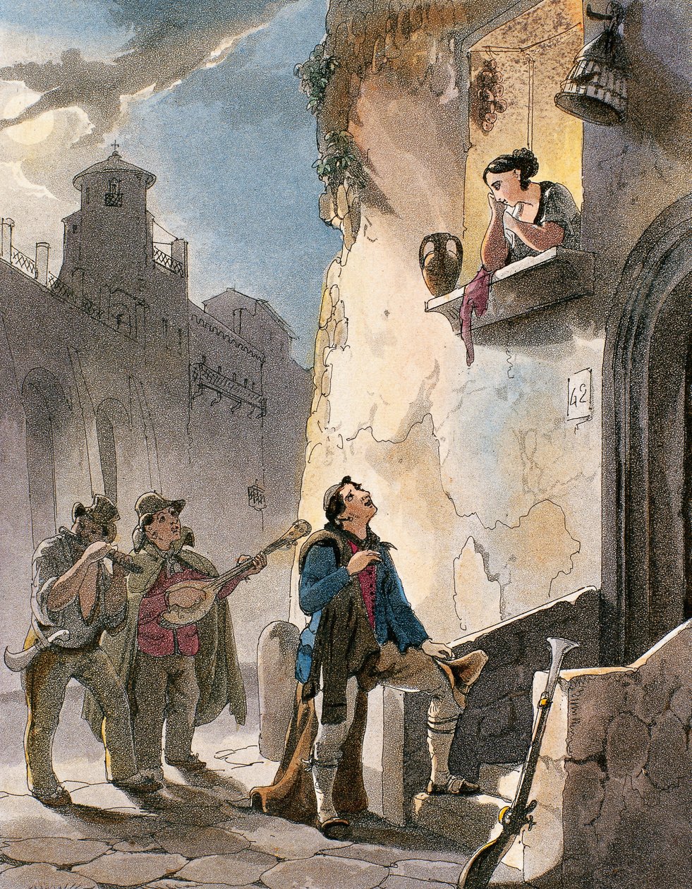 Serenade, kuvitus Achille Vianellin puvuista ja suosituista kohtauksista Napolista, n. 1830 (akvatinta) tekijältä Teodoro Guglielmo Witting