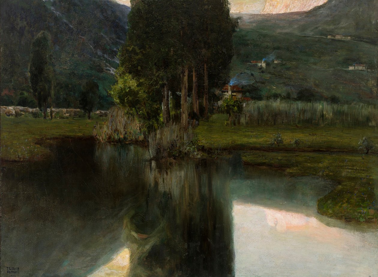 Järvi sypresseillä ja taloilla, 1923. tekijältä Teodoro Wolf Ferrari