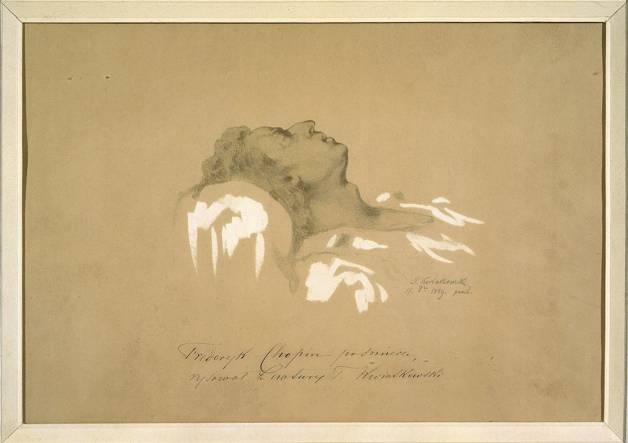 Frederic Chopin (1810-1849) kuolemanvuoteessaan Kwiatkowskin, Teofilin (1809-1891) parissa. Muste, guassi, grafiitti paperille tekijältä Teofil Kwiatkowski