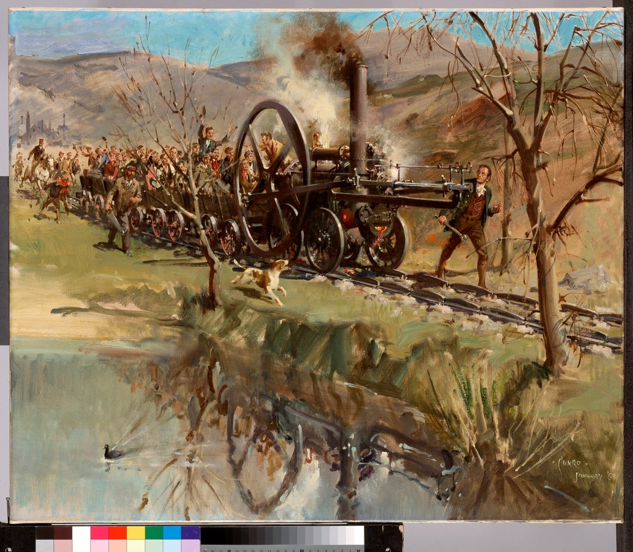 Trevithickin Penydarrenin veturi eeppisellä matkallaan Merthyristä Abercynoniin 21. helmikuuta 1804 (1963) (öljy kankaalle). tekijältä Terence Cuneo