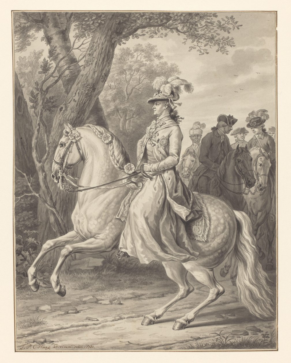 Preussin Wilhelmina, Orange-Nassaun prinsessa, hevosen selässä tekijältä Tethart Philip Christian Haag (signed by artist)