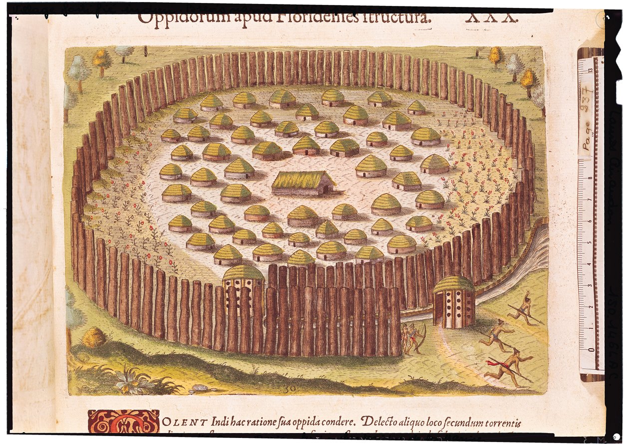 Linnoitettu intiaanikylä, "Brevis Narratiosta...", julkaisija Theodore de Bry, 1591 (yksityiskohta 180137) tekijältä after Le Moyne, J.Bry