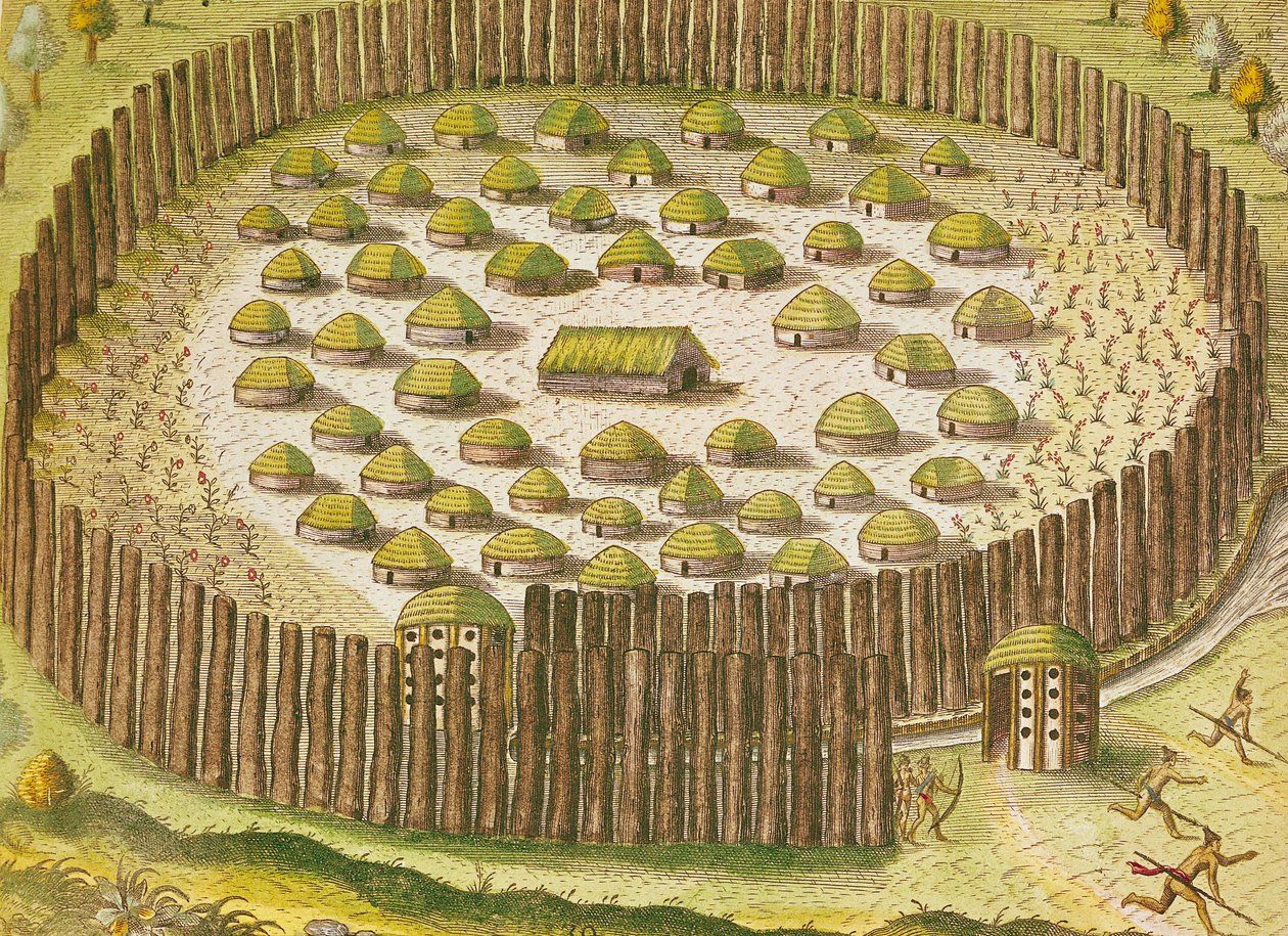 Linnoitettu intiaanikylä, "Brevis Narratiosta...", julkaisija Theodore de Bry, 1591 (katso yksityiskohdat 159355) tekijältä after Le Moyne, J.Bry