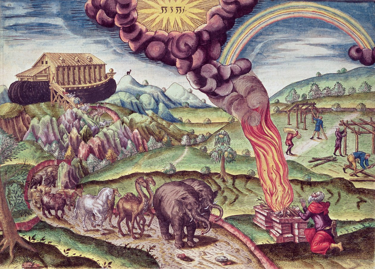 Nooan arkki, kuvitus "Brevis Narratiosta...", julkaisija Theodore de Bry, 1591 tekijältä after Le Moyne, J.Bry