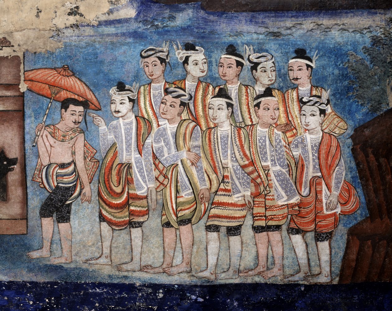 Ryhmä thaimaalaisia yai-miehiä (shan), yksityiskohta Viharnin seinämaalauksista, jotka kuvaavat Sang Thong Tales (seinämaalaus) tekijältä Thai School