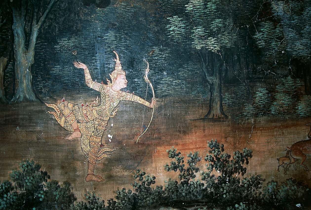 Apsara, seinämaalaukset, joissa on kohtauksia Buddhan elämästä, Wat Suwan Dararam, Ayutthayan historiallinen puisto (UNESCOn maailmanperintöluettelo) tekijältä Thai School