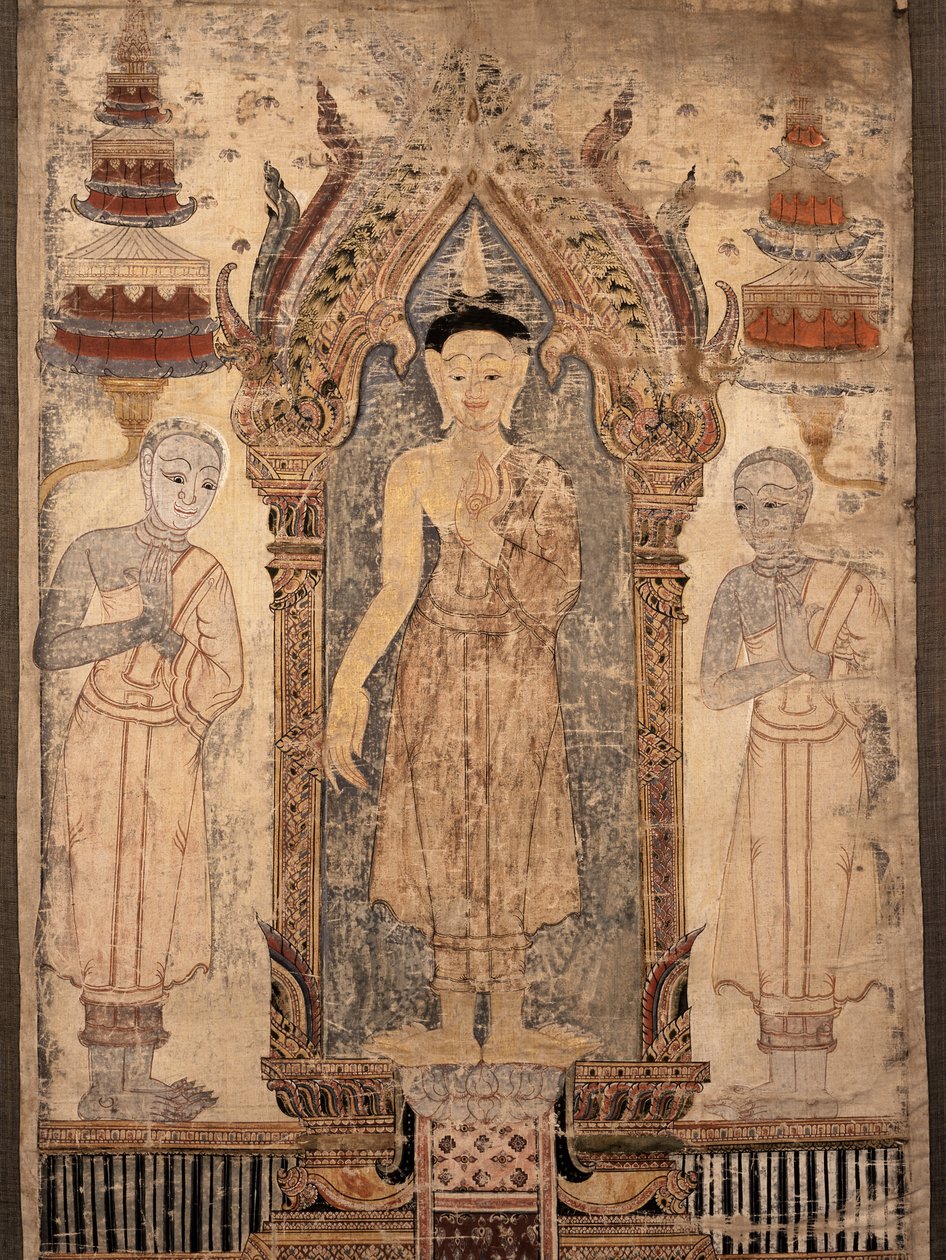 Buddhaa opetuslasten kanssa kuvaava lippu, 1800-luvun alku (maalattu kangas) tekijältä Thai School