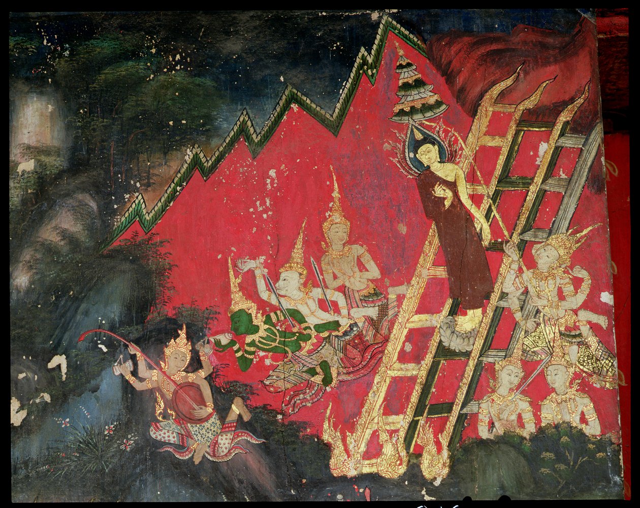 Buddha laskeutuu taivaasta (seinämaalaus) tekijältä Thai School
