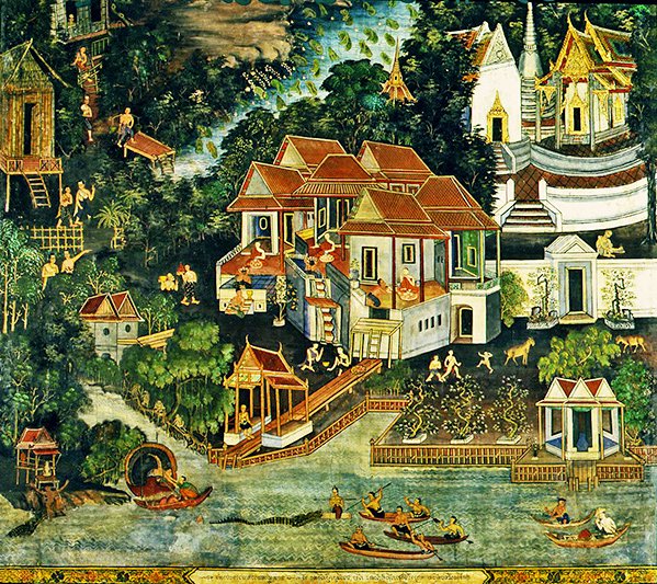 Krokotiilin metsästys, Wirharn Sasada, Wat Bowonniwet Vihara, Bangkok (fresko) tekijältä Thai School