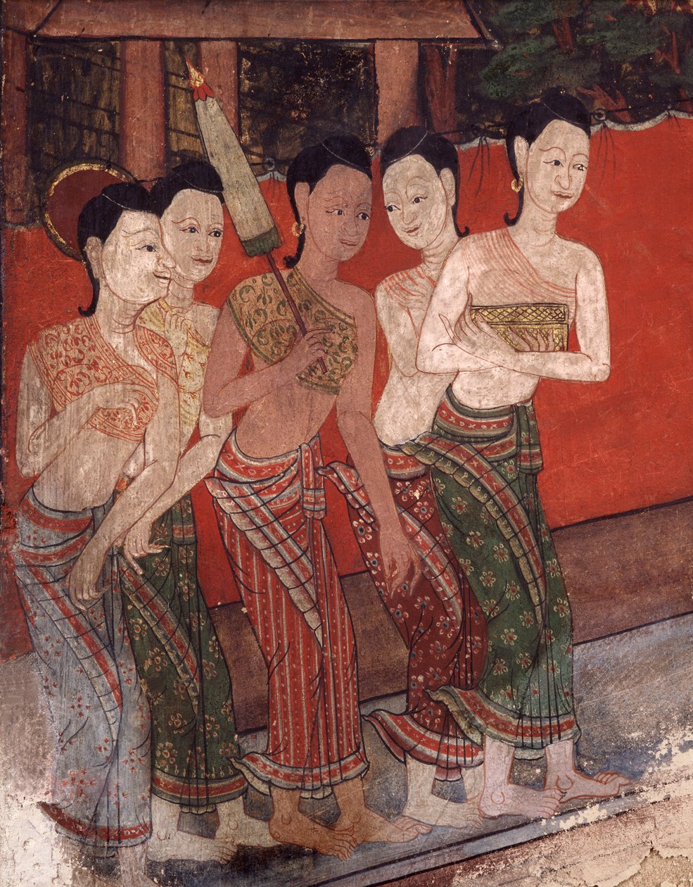 Yksityiskohta naisryhmästä 1800-luvun lopulla (seinämaalaus) tekijältä Thai School