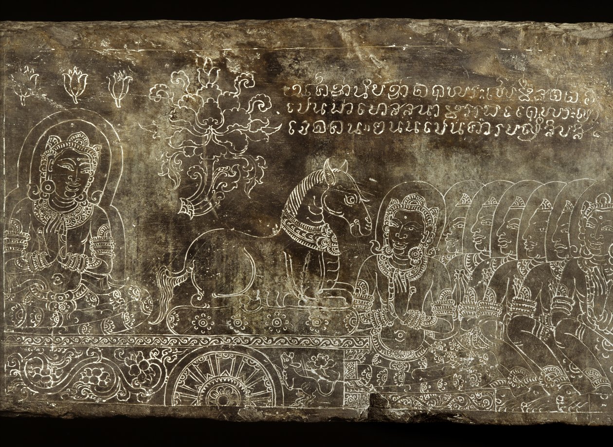 Kaiverrettu kivipaneeli, joka kuvaa Bhojajania Jataka -tarinaa Wat Si Chumista, Sukhothaista, 1300-1400-luvulta tekijältä Thai School