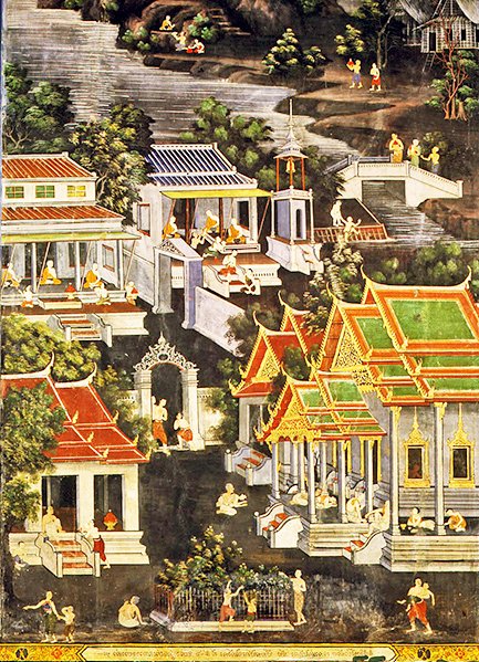 Munkkien elämä, Wirharn Sasada, Wat Bowonniwet Vihara, Bangkok (fresko) tekijältä Thai School