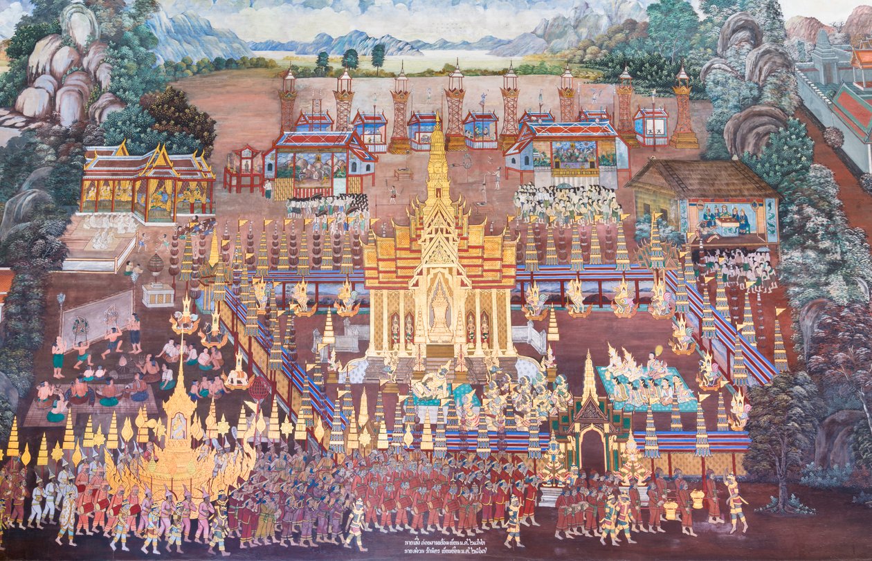 Seinämaalaus, joka kuvaa kohtauksia Ramayanasta Wat Phra Kaeossa, Kuninkaallisesta palatsista, Bangkokista, Thaimaasta tekijältä Thai School