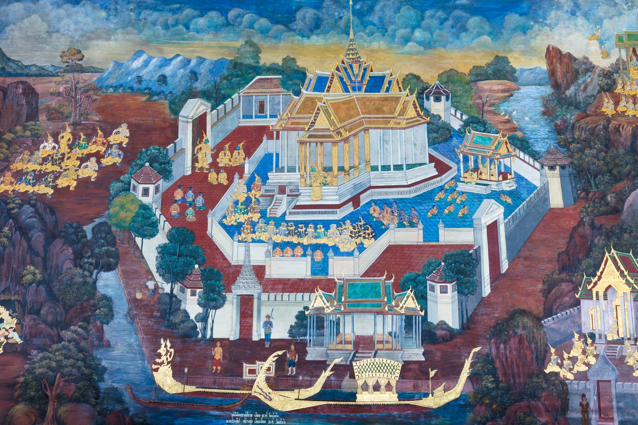 Seinämaalaus, joka kuvaa kohtauksia Ramayanasta Wat Phra Kaeossa, Kuninkaallisesta palatsista, Bangkokista, Thaimaasta tekijältä Thai School