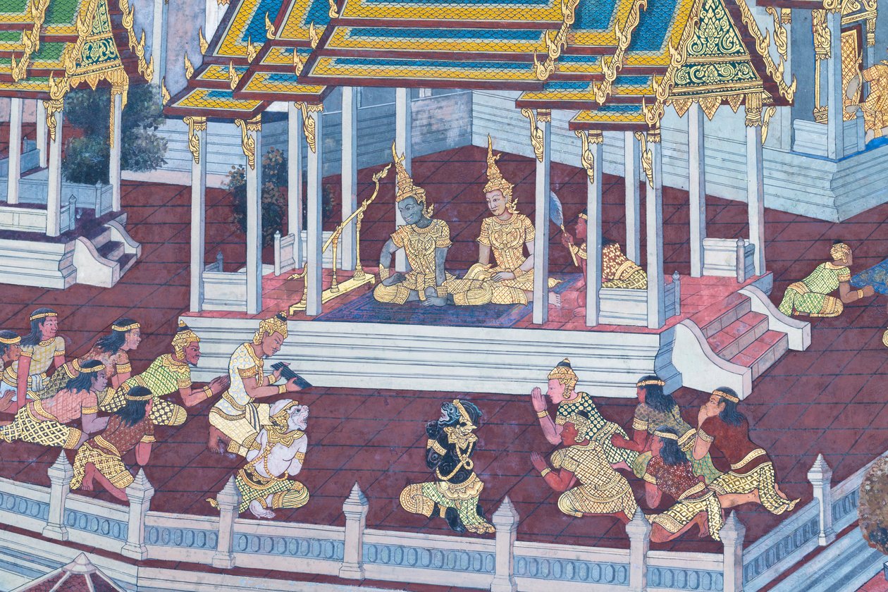 Seinämaalaus, joka kuvaa kohtauksia Ramayanasta Wat Phra Kaeossa, Kuninkaallisesta palatsista, Bangkokista, Thaimaasta tekijältä Thai School