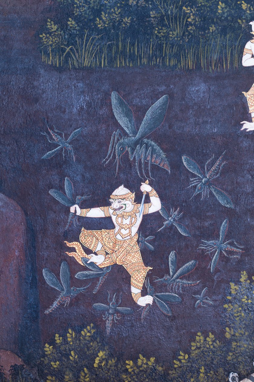Seinämaalaus, joka kuvaa kohtauksia Ramayanasta Wat Phra Kaeossa, Kuninkaallisesta palatsista, Bangkokista, Thaimaasta tekijältä Thai School