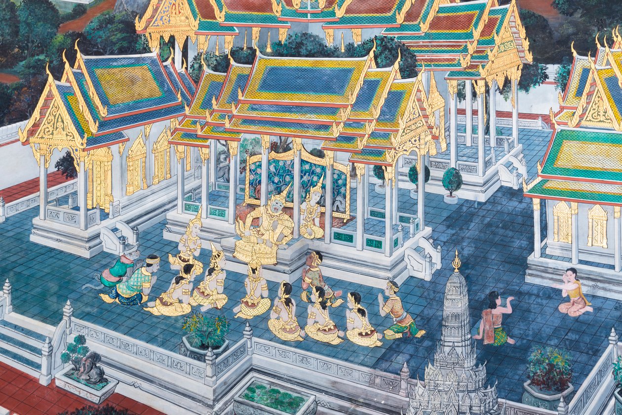 Seinämaalaus, joka kuvaa kohtauksia Ramayanasta Wat Phra Kaeossa, Kuninkaallisesta palatsista, Bangkokista, Thaimaasta tekijältä Thai School