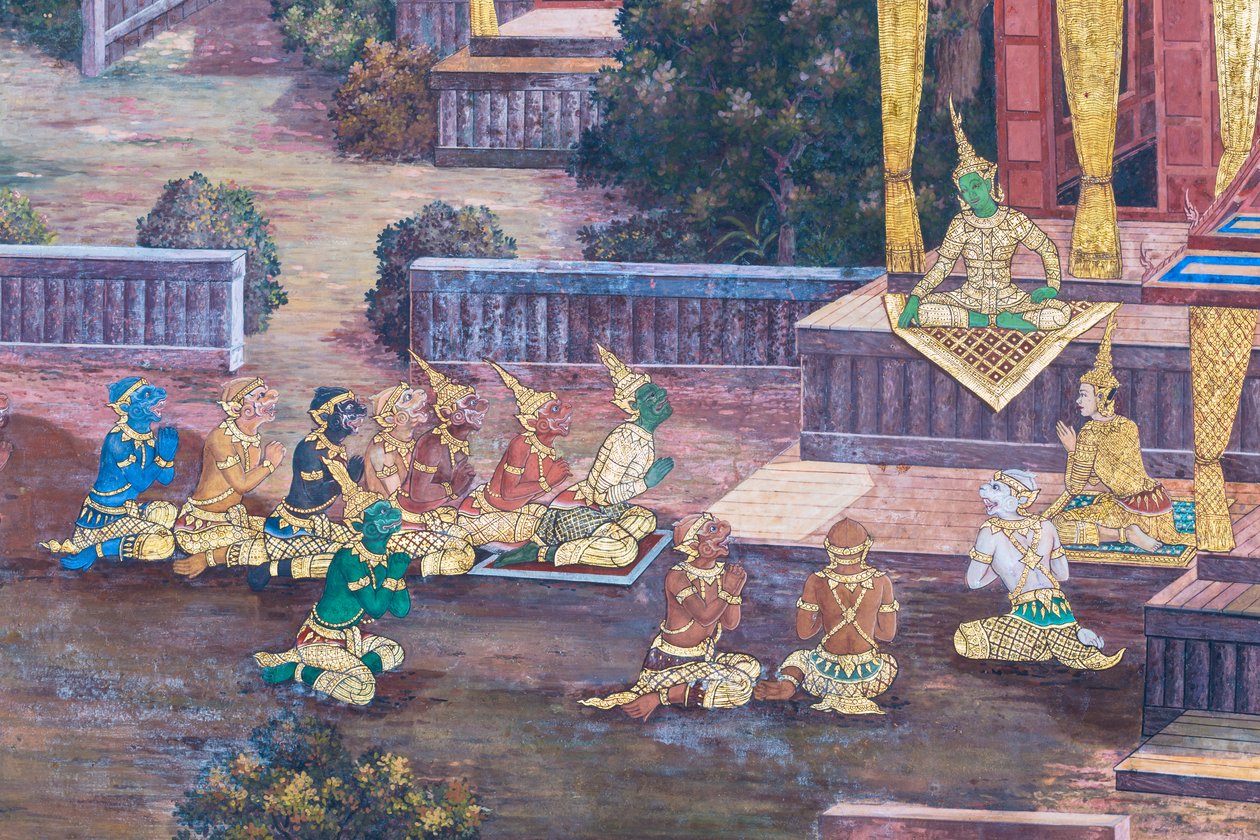 Seinämaalaus, joka kuvaa kohtauksia Ramayanasta Wat Phra Kaeossa, Kuninkaallisesta palatsista, Bangkokista, Thaimaasta tekijältä Thai School
