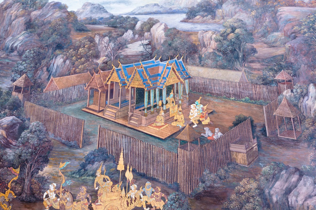 Seinämaalaus, joka kuvaa kohtauksia Ramayanasta Wat Phra Kaeossa, Kuninkaallisesta palatsista, Bangkokista, Thaimaasta tekijältä Thai School
