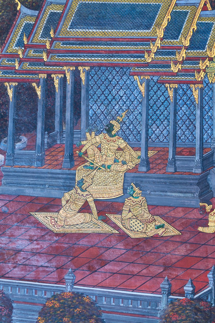 Seinämaalaus, joka kuvaa kohtauksia Ramayanasta Wat Phra Kaeossa, Kuninkaallisesta palatsista, Bangkokista, Thaimaasta tekijältä Thai School