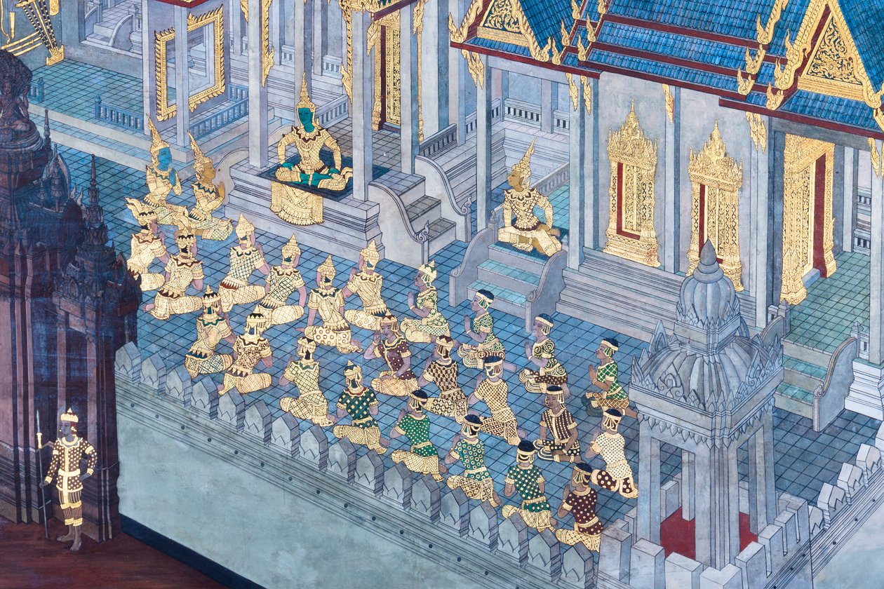 Seinämaalaus, joka kuvaa kohtauksia Ramayanasta Wat Phra Kaeossa, Kuninkaallisesta palatsista, Bangkokista, Thaimaasta tekijältä Thai School